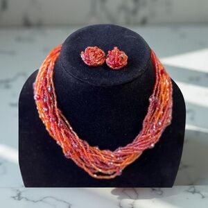 Seed Bead  Orange necklace and earrings - multi strand New Boutique